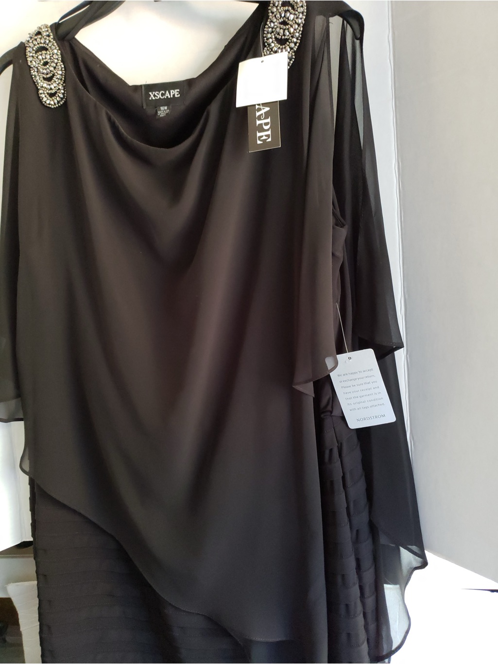 Xscape Black Chiffon Cape Dress With Beaded Shoulder Accents Size 16x